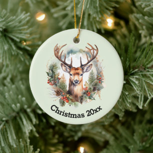 Décoration En Céramique Cerf Brun avec Bois Noël Rustique