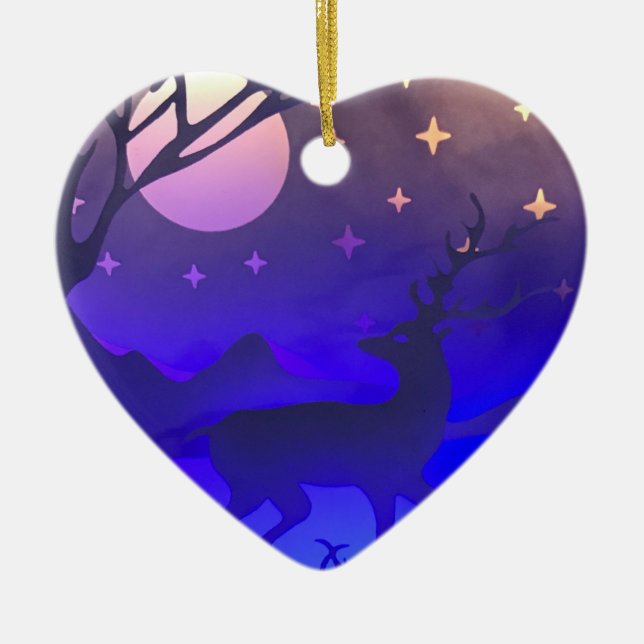 Décoration En Céramique Cerf en hiver bois nuit (Devant)