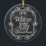 Décoration En Céramique Chalkboard Mistletos Script Joyeux Noël Photo<br><div class="desc">'Je Vous Souhaite Un Très Joyeux Noël' Typographie De Salutation Blanche Dans Un Cadre Vintage Traditionnel Défilé, Panneau Rustique De Noël Avec Mistletoes Ornement Photo. Conçu par fat*fa*tin. Facile à customiser avec votre propre texte, photo ou image. Pour des demandes personnalisées, veuillez contacter fat*fa*tin directement. Des frais personnalisés s'appliquent. www.zazzle.com/fat_fa_tin...</div>