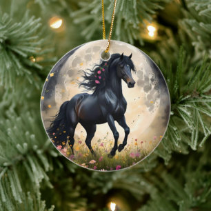 Décoration En Céramique Champ de fleur de lune de cheval noir,