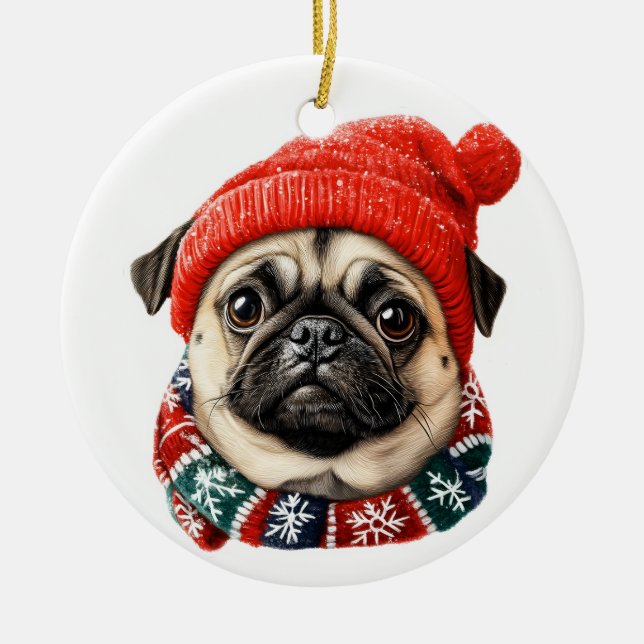 Décoration En Céramique Chapeau de Noël pug mignon (Devant)