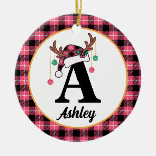 Décoration En Céramique Chapeau de Père Noël à carreaux avec monogramme pe