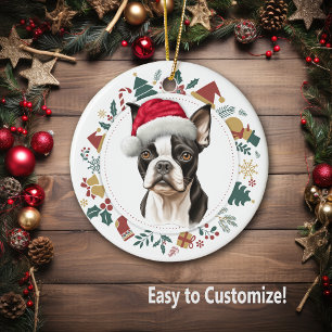 Décoration En Céramique Chapeau de Père Noël Boston Terrier Chien Couronne