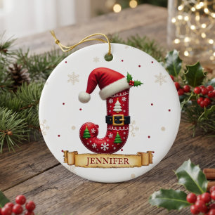 Décoration En Céramique Chapeau de Père Noël Rouge Noël Lettre J Nom