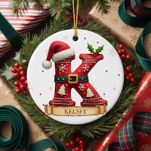 Décoration En Céramique Chapeau de Père Noël Rouge Noël Lettre K Nom