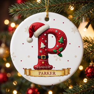 Décoration En Céramique Chapeau de Père Noël Rouge Noël Lettre P Nom