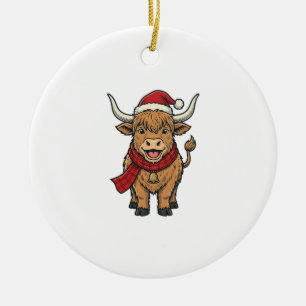 Décoration En Céramique Chapeau de Santa Cow Highland Noël Vintage Vector_