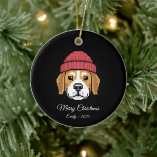 Décoration En Céramique Chapeau d'hiver de Beagle en Pixel Art