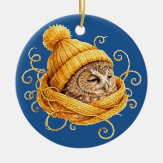 Décoration En Céramique Chapeau en tricot jaune Chouette d'hiver mignon Or