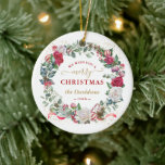 Décoration En Céramique Charm We Wish You A Merry Christmas Wreath Wedding<br><div class="desc">Unique design featuring winter Christmas watercolor wreath (pine branches,  cones,  Christmas balls,  white and red flowers,  berries),  faux gold splashes,  on a white background. Use Personalise tool to add your info. See,  also,  my Winter Holidays Collection.</div>