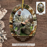 Décoration En Céramique Chasse au camouflage Une photo personnalisée<br><div class="desc">Ornement ovale camouflage rustique personnalisé avec votre photo et texte personnalisé. L'échantillon commémore l'image du cerf de chasseur le plus GROS BUCK, mais le texte est entièrement modifiable pour répondre à vos besoins. La conception est dupliquée sur le côté arrière. Idéal pour des photos en plein air comme le camping,...</div>