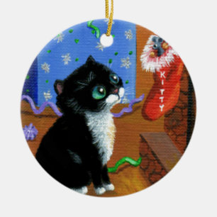 Décoration En Céramique Chat amusant Noël Tuxedo Kitten souris