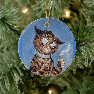 DÉCORATION EN CÉRAMIQUE CHAT AVEC CIGAR LOUIS WAIAT ART NOËL ORNAMENT