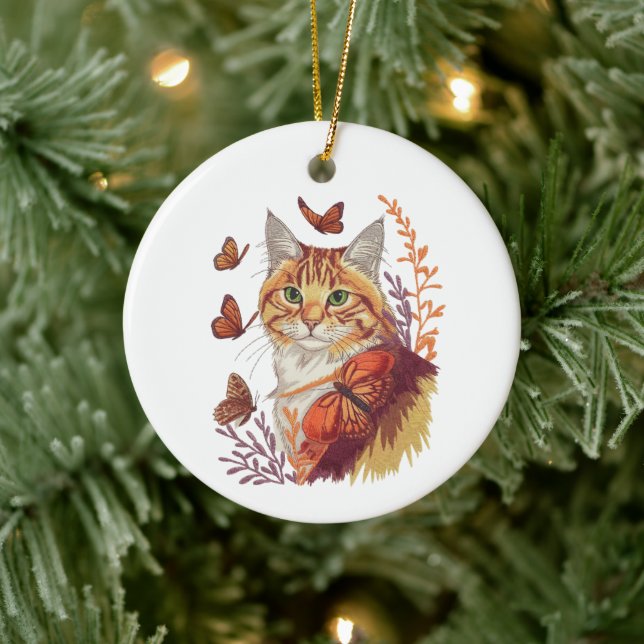 Décoration En Céramique Chat avec papillons Monarch (Arbre)
