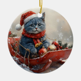 Décoration En Céramique Chat bleu oriental en traîneau Laissez neige Noël 