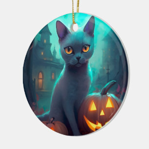 Décoration En Céramique Chat bleu russe d'Halloween avec la peur Citrouill