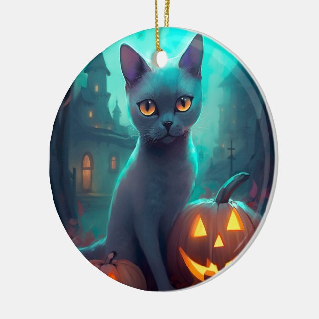 Décoration En Céramique Chat bleu russe d'Halloween avec la peur Citrouill (Gauche)