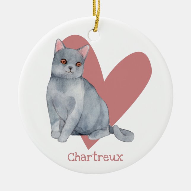 Décoration En Céramique Chat Chartreux Aquarelle Kitty Coeur rose (Devant)