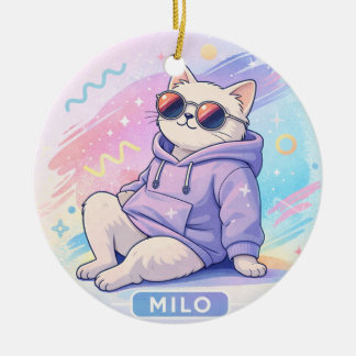 Décoration En Céramique Chat Cool avec le nom MILO | Esthétique Mignon