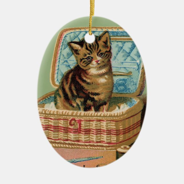 Décoration En Céramique Chat dans un panier à coudre (Devant)