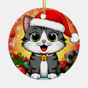 Décoration En Céramique Chat de dessin animé en chapeau de Père Noël avec