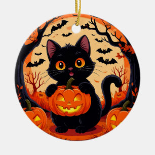 Décoration En Céramique Chat de dessin animé et citrouilles sous la pleine