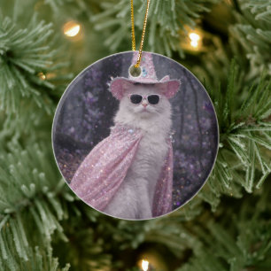 Décoration En Céramique Chat de magicien magique en cape et chapeau rose s