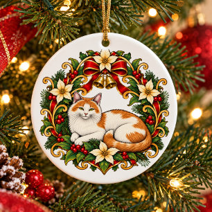 Décoration En Céramique Chat de Noël Art Nouveau avec couronne de houx