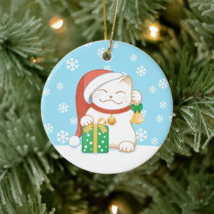 Décoration En Céramique Chat de Noël blanc au chapeau rouge