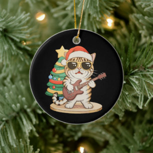 Décoration En Céramique Chat de Noël jouant de la guitare Rock Jazz Chapea