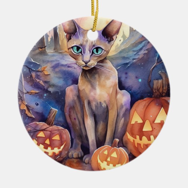 Décoration En Céramique Chat d'Halloween Abyssinian avec la peur Citrouill (Devant)