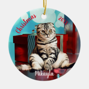 Décoration En Céramique Chat écossais plié détendu Noël