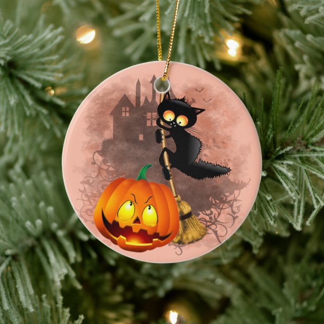 Décoration En Céramique Chat effrayé par Citrouille Fun Halloween caractèr (Arbre)