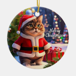 Décoration En Céramique Chat en tenue de Père Noël