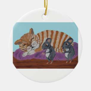 Décoration En Céramique Chat endormi et souris sournoises