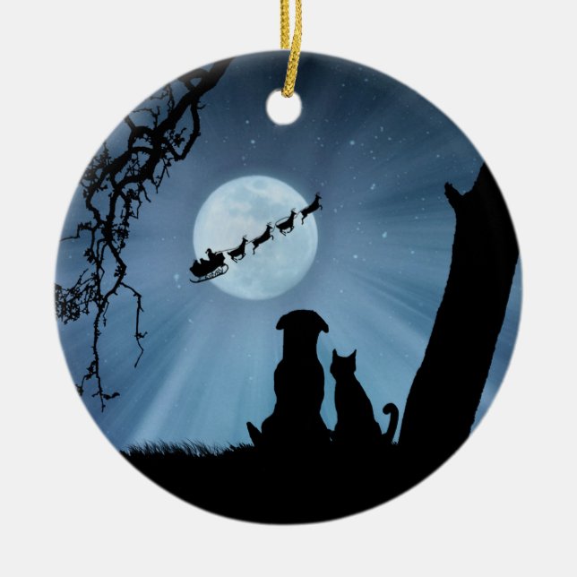 Décoration En Céramique Chat et chien avec Père Noël et traîneau (Devant)