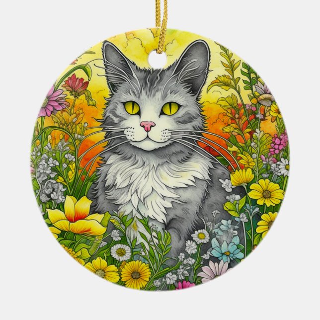 Décoration En Céramique Chat Fantaisiste et Fleurs (Devant)