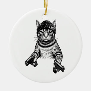 Décoration En Céramique Chat Gangster Tatoué Art   Kitty Streetwear Cool