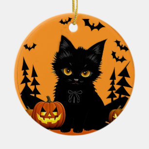Décoration En Céramique Chat mignon au clair de lune & Citrouille Magie d'