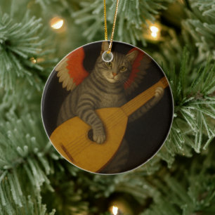 Décoration En Céramique Chat musicien ailé jouant du luth Art