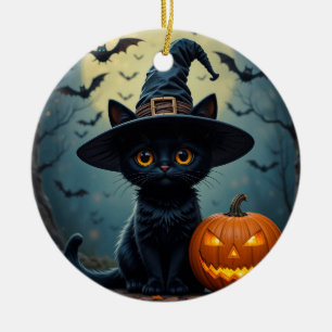 Décoration En Céramique Chat noir adorable portant un chapeau de sorcière