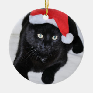 Décoration En Céramique Chat noir avec le casquette rouge de Père Noël