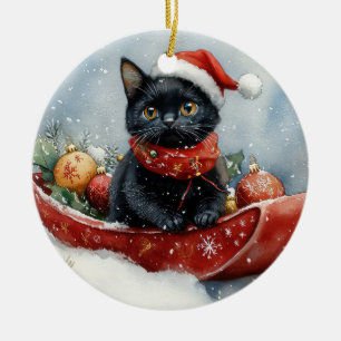 Décoration En Céramique Chat noir dans un traîneau Laissez tomber la neige