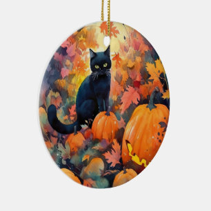 Décoration En Céramique Chat noir d'Halloween avec citrouilles effrayant