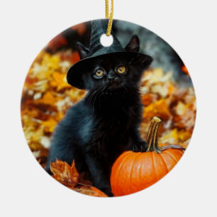 Décoration En Céramique Chat noir d'Halloween et Citrouille