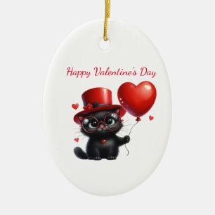 Décoration En Céramique Chat noir drôle avec ballons Saint-Valentin