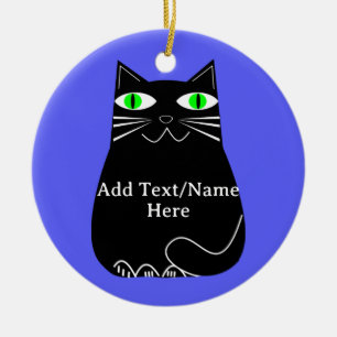 Décoration En Céramique Chat noir gras aux yeux verts Texte personnalisé B