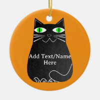 Chat noir gras avec yeux verts Texte personnalisé