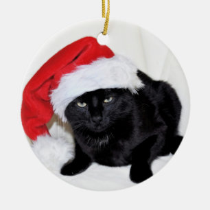 Décoration En Céramique Chat noir mignon avec le casquette de Père Noël