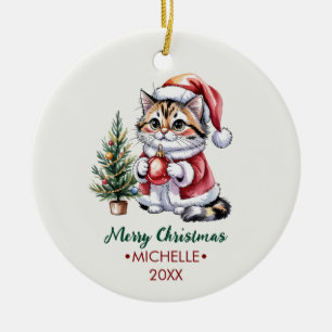 Décoration En Céramique Chat personnalisé avec un chapeau de Père Noël sur